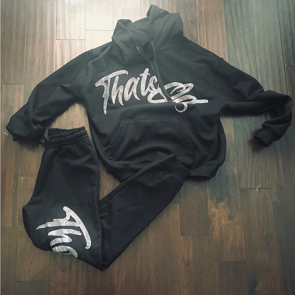 Black Hoodie and Joggers Set with Silver Graphic